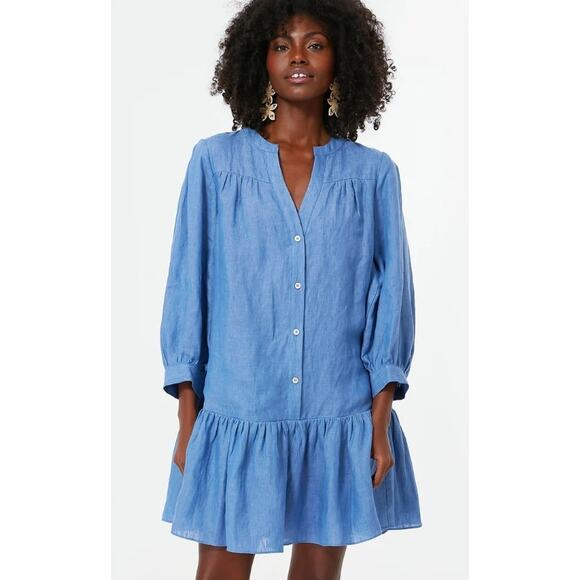Pomander Place Lake Blue Linen Blend Split Neck Frankie Dress Womens Small - Picture 1 of 5